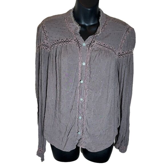 Free people dusty purple button front Swiss dot lace peasant prairiecore western - Picture 1 of 8
